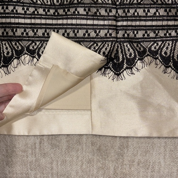 Sz 14 champagne satin sheath dress Antonio Melani black lace knee length - Picture 5 of 8